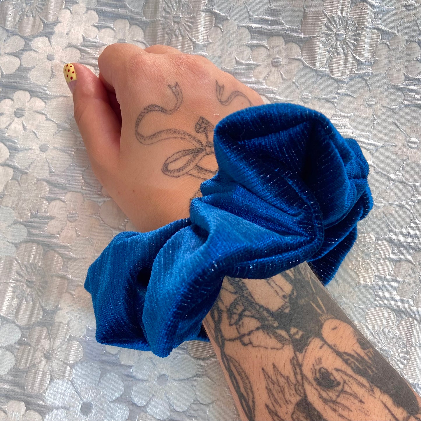 Glitter Striped Blue Velvet Scrunchy