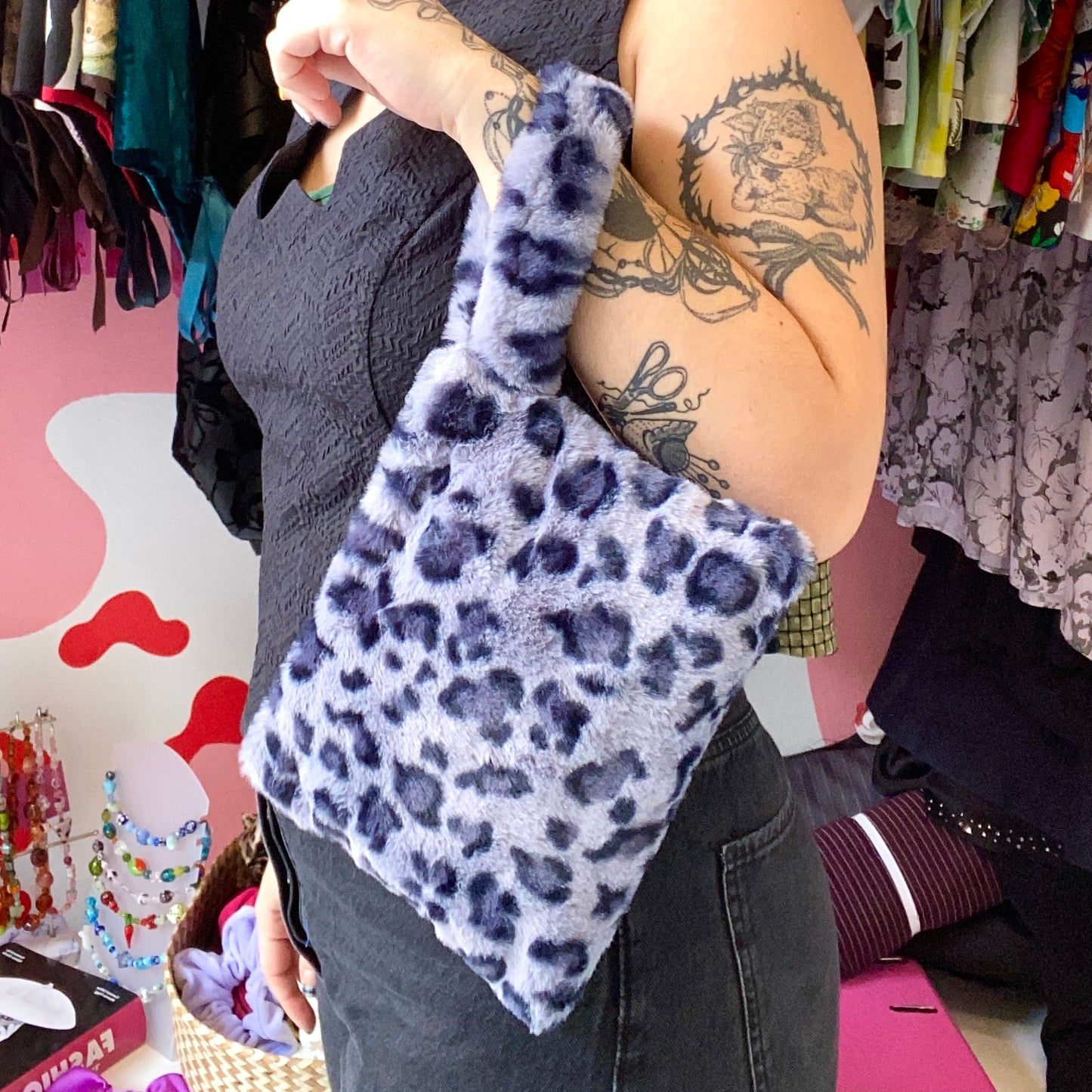 Gray Leopard Fur Pouch