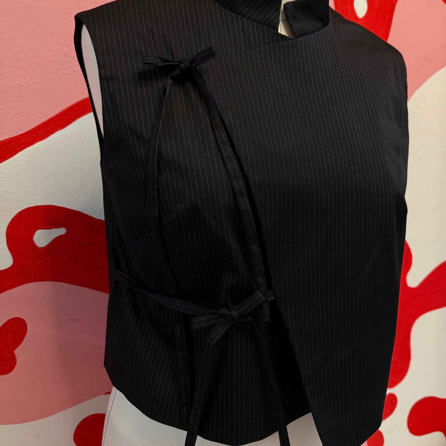 Black Striped Asymmetrical Wool Vest