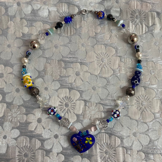 Navy Blue Murano Heart Necklace